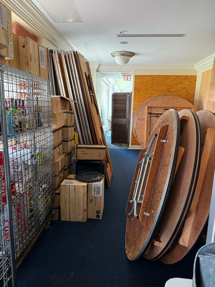 Tables and event equipment stored in a room