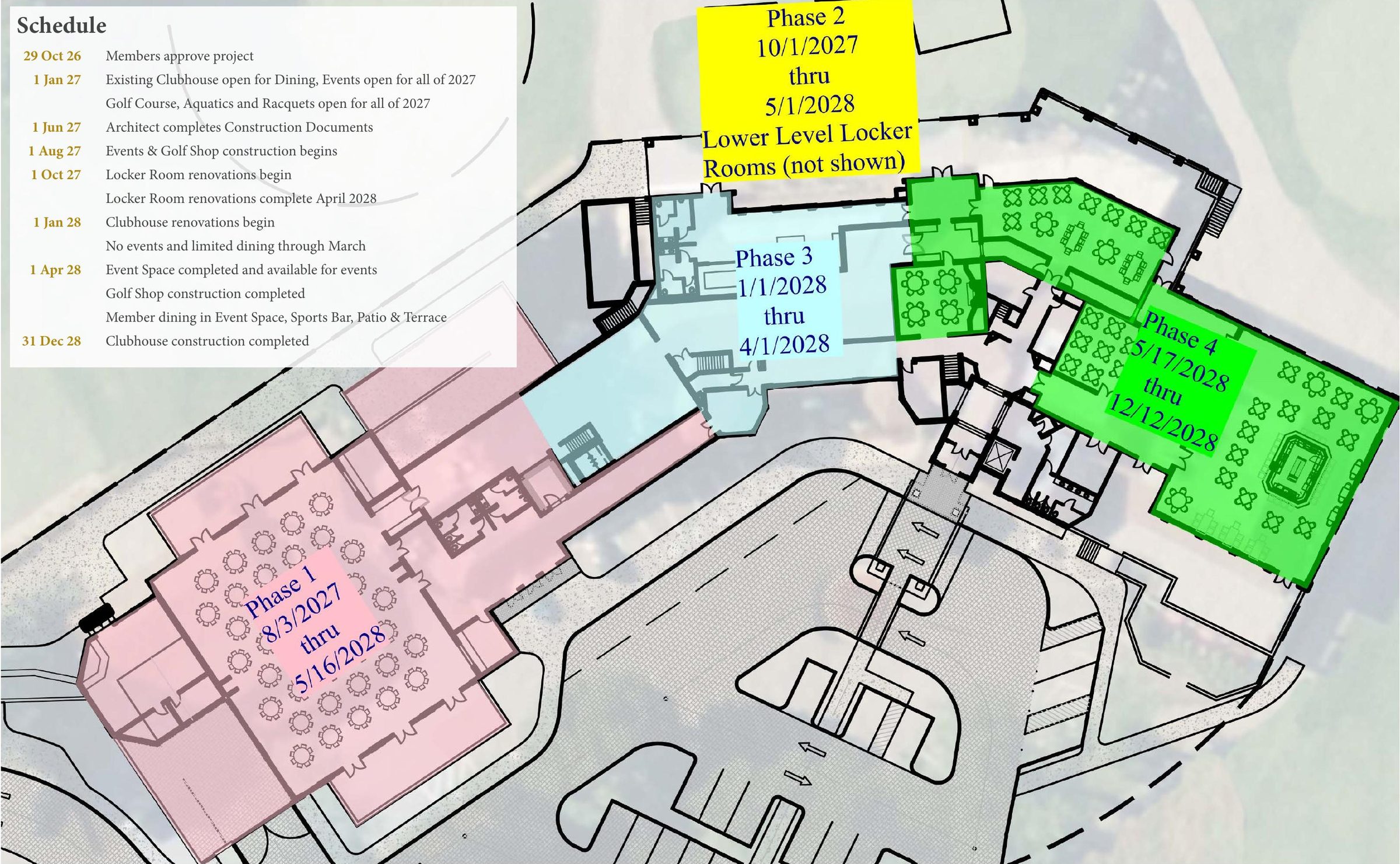 Clubhouse plan color-coded by construction phase